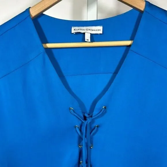 KARINA GRIMALDI Women's Lace Up Long Sleeve Blouse Blue Size Medium - Picture 3 of 9